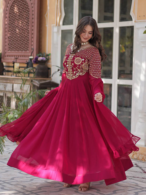Pink Georgette Embroidered Work Gown With Dupatta