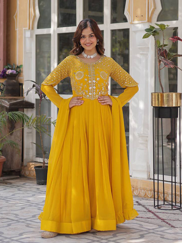 Yellow Georgette Embroidered Work Gown With Dupatta