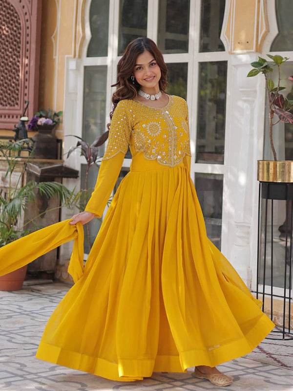 Yellow Georgette Embroidered Work Gown With Dupatta