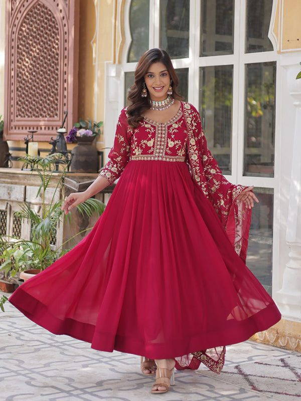 Pink Sequins Zari Embroidered Work Gown With Georgette Dupatta