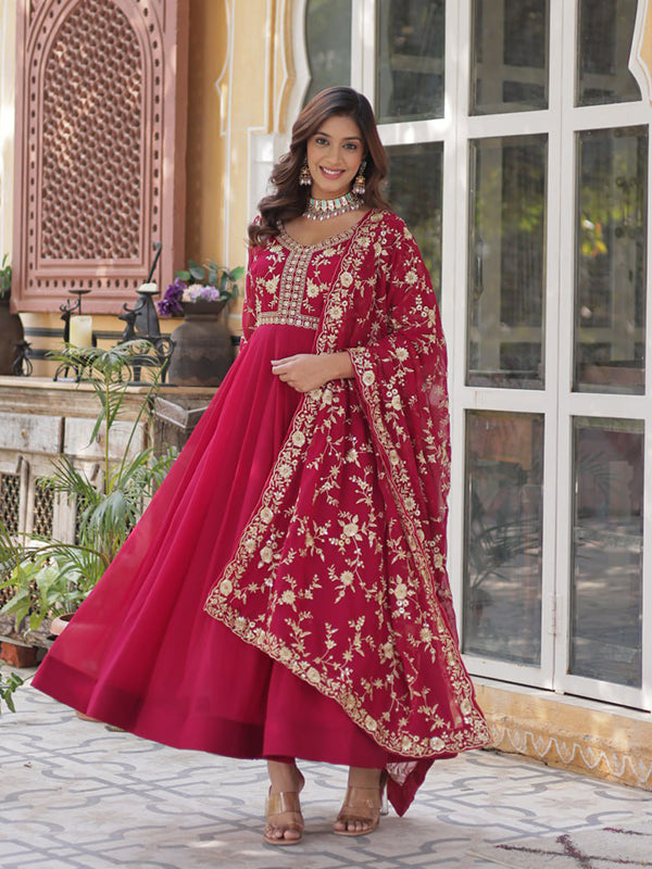 Pink Sequins Zari Embroidered Work Gown With Georgette Dupatta