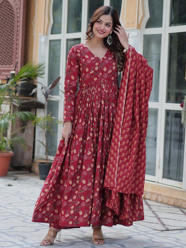 Maroon Pure Cotton Kurti Pant & Dupatta Set