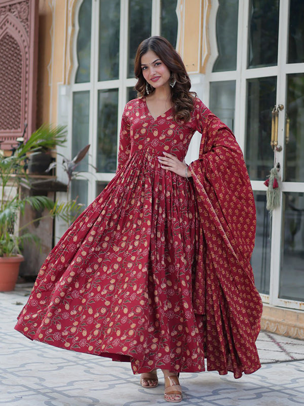 Maroon Pure Cotton Kurti Pant & Dupatta Set