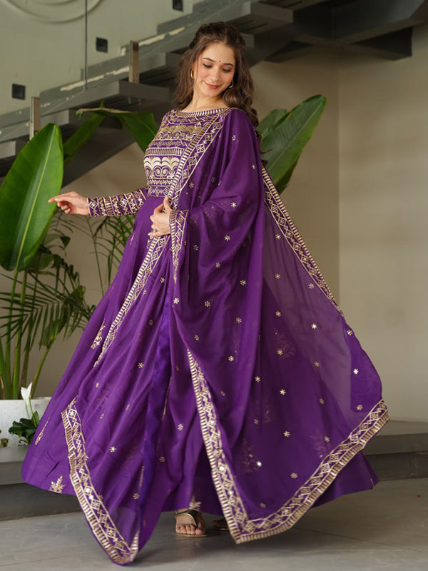 Purple Chinnon Sequins Embroidered Work Gown With Dupatta