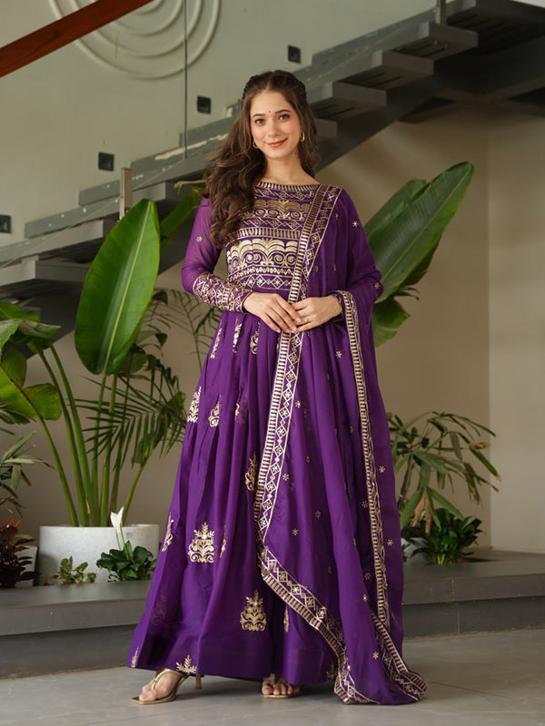 Purple Chinnon Sequins Embroidered Work Gown With Dupatta