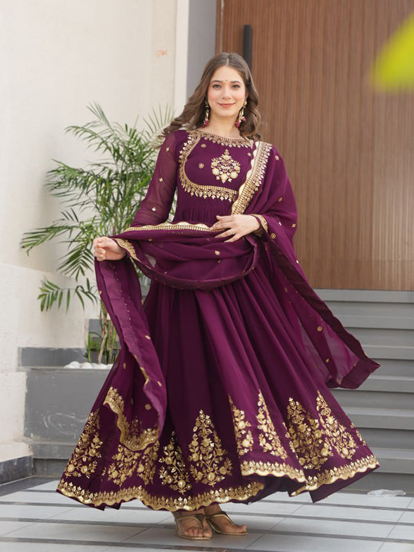 Wine Faux Blooming Georgette Sequins Embroidery Gown With Dupatta