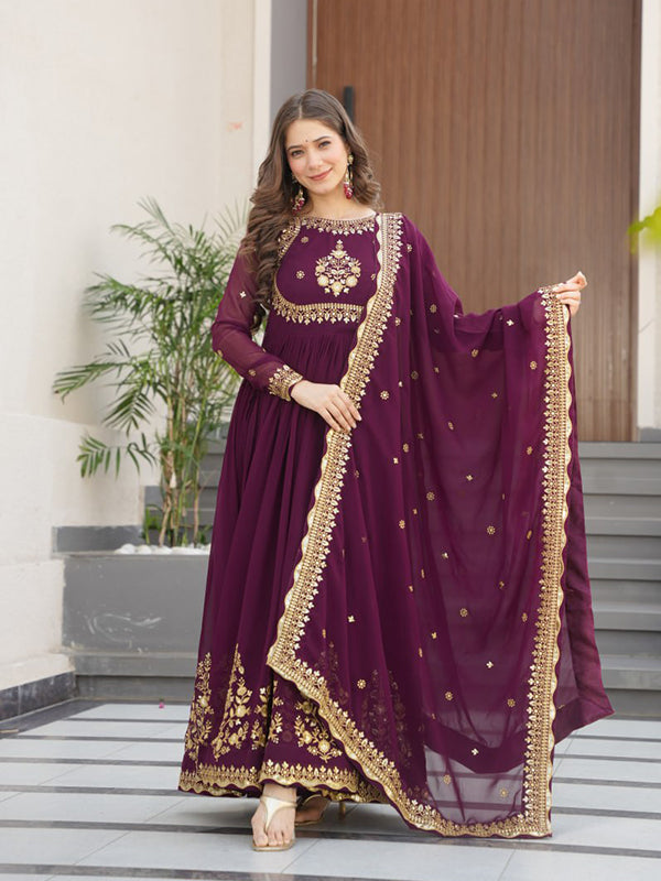 Wine Faux Blooming Georgette Sequins Embroidery Gown With Dupatta