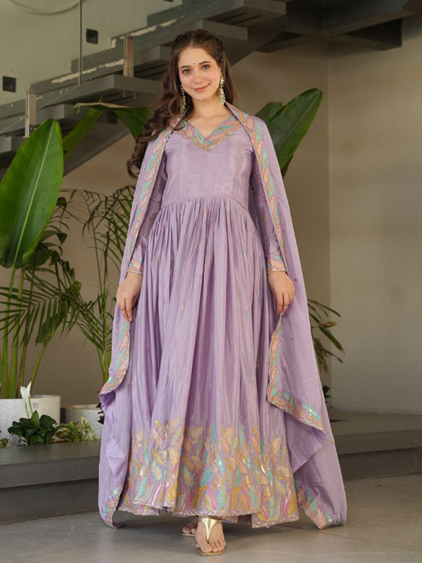 Lavender Sequins Embroidered Work Chinon Gown With Dupatta