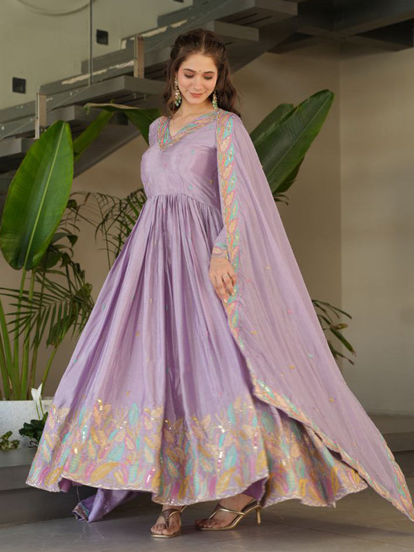 Lavender Sequins Embroidered Work Chinon Gown With Dupatta