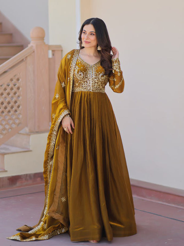 Mehndi Green Fendy Gown With Sequins-Multi Embroidered Work