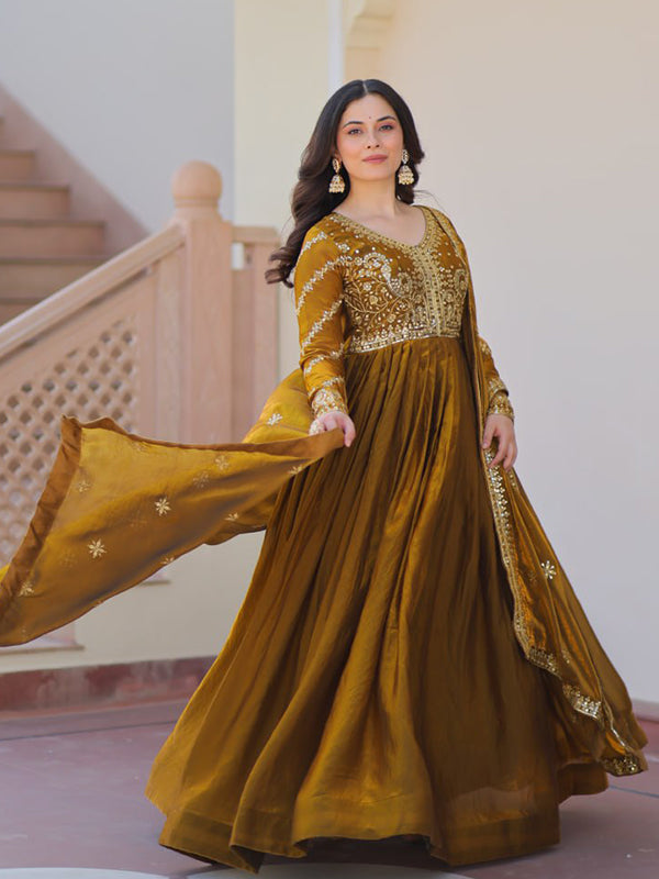 Mehndi Green Fendy Gown With Sequins-Multi Embroidered Work