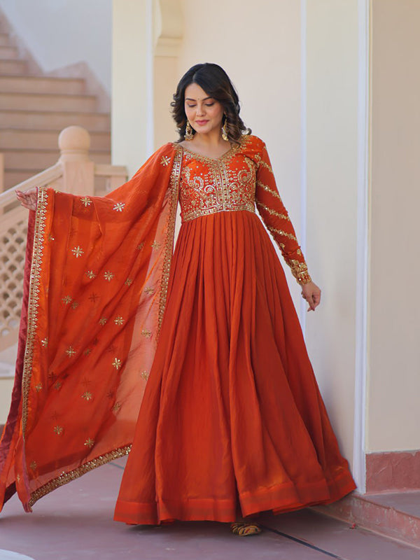 Orange Fendy Gown With Sequins-Multi Embroidered Work