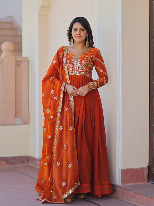Orange Fendy Gown With Sequins-Multi Embroidered Work