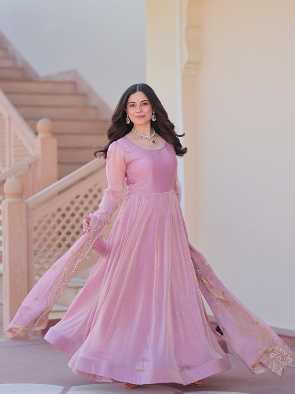 Light Pink Chiffon Gown With Sequins Embroidered Work Dupatta