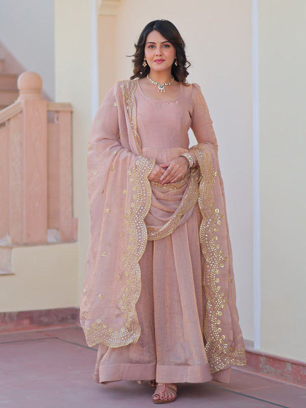 Peach Chiffon Gown With Sequins Embroidered Work Dupatta