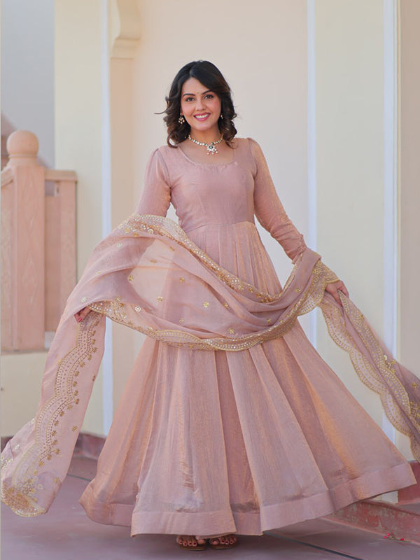Peach Chiffon Gown With Sequins Embroidered Work Dupatta