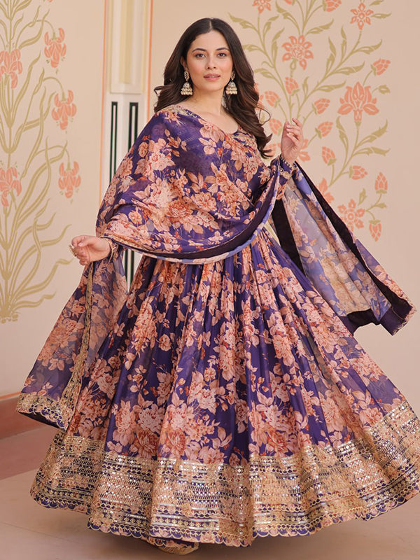 Purple Russian Silk Embroidered Sequins Work Gown With Dupatta