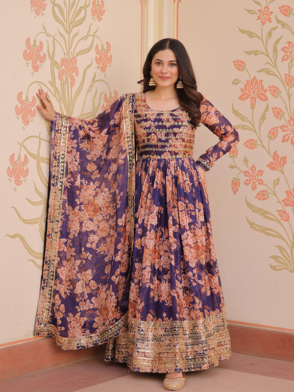 Purple Russian Silk Embroidered Sequins Work Gown With Dupatta