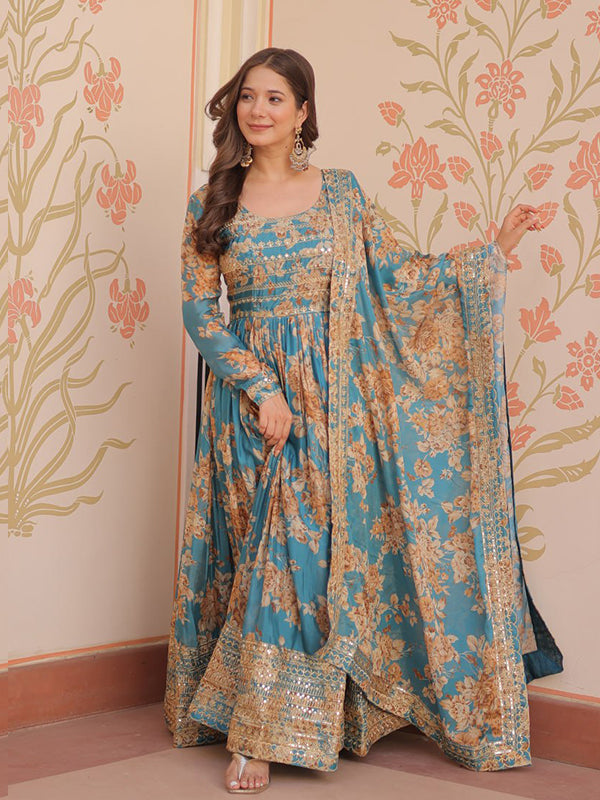 Sky Russian Silk Embroidered Sequins Work Gown With Dupatta