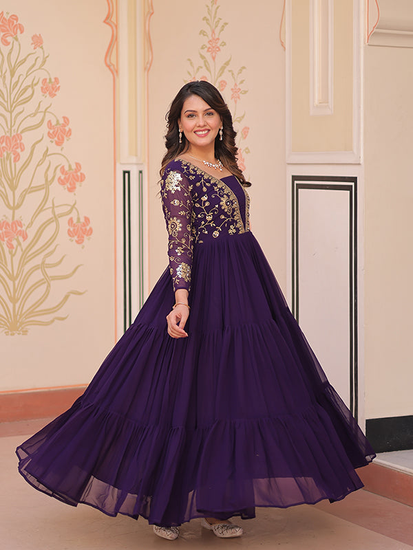 Purple Sequins Zari Embroidered Work Gown