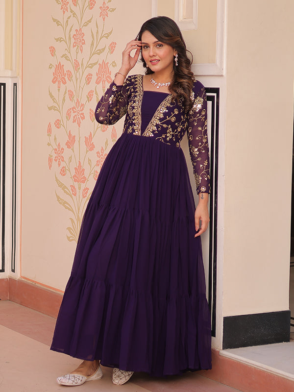 Purple Sequins Zari Embroidered Work Gown