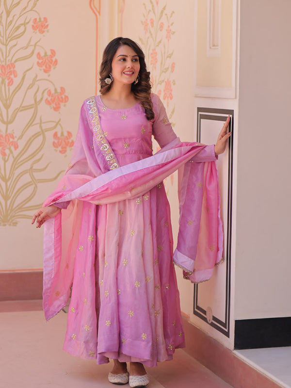 Pink Sequins Embroidered Work Gown With Organza Dupatta