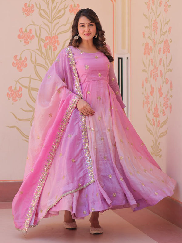 Pink Sequins Embroidered Work Gown With Organza Dupatta