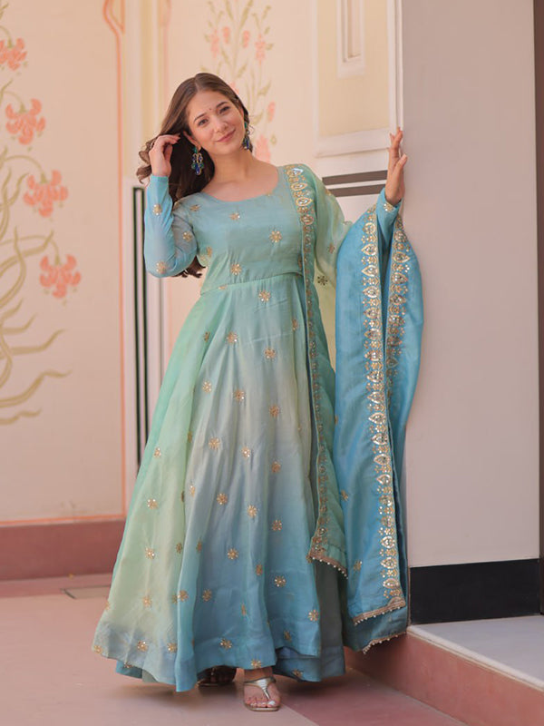 Sky Sequins Embroidered Work Gown With Organza Dupatta