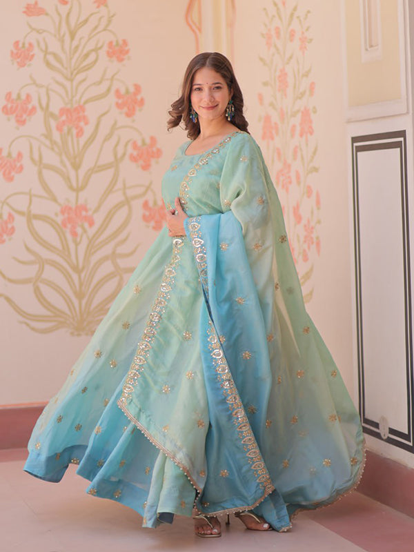 Sky Sequins Embroidered Work Gown With Organza Dupatta