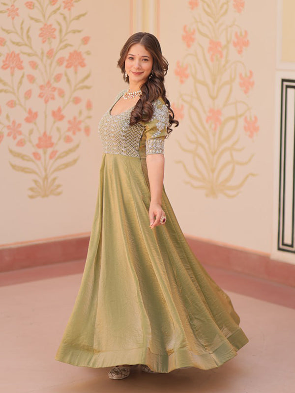 Mehndi Green Fendy Gown With Beads Embroidered Work