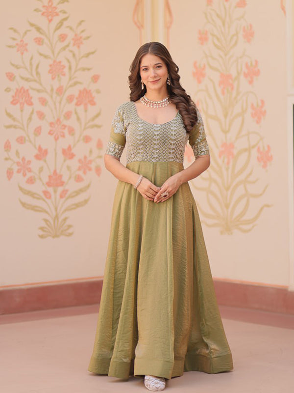 Mehndi Green Fendy Gown With Beads Embroidered Work