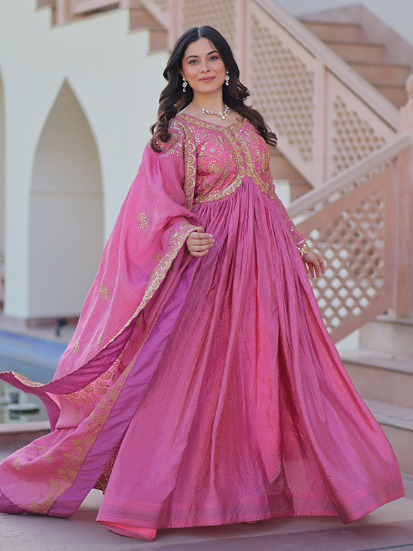Pink Sequins Multi Embroidered Work Gold Crush Gown With Dupatta