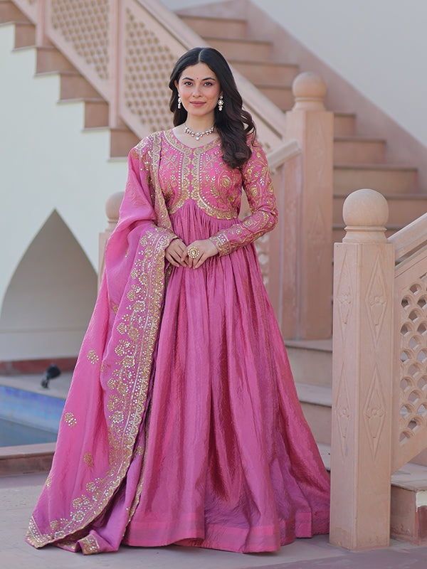 Pink Sequins Multi Embroidered Work Gold Crush Gown With Dupatta