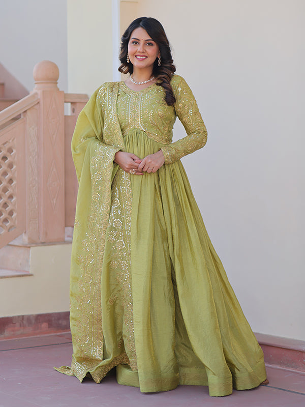 Pista Green Sequins Multi Embroidered Work Gold Crush Gown With Dupatta