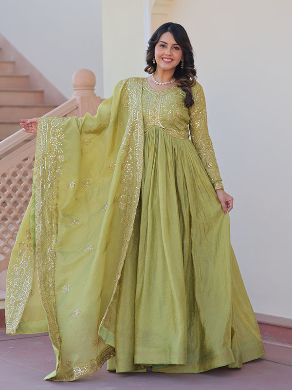 Pista Green Sequins Multi Embroidered Work Gold Crush Gown With Dupatta