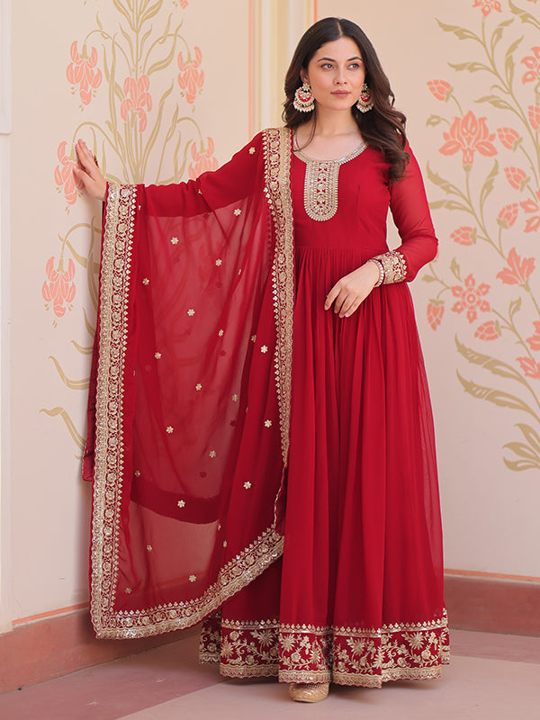 Maroon Faux Blooming Georgette Sequins Embroidered Work Gown With Dupatta