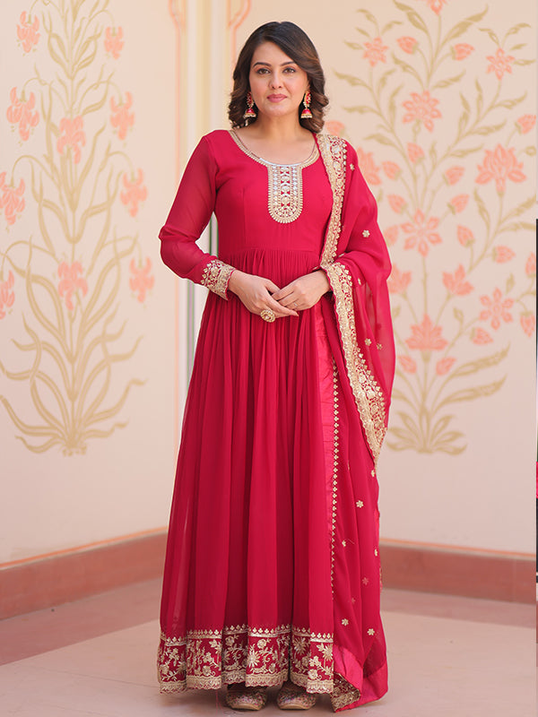 Pink Faux Blooming Georgette Sequins Embroidered Work Gown With Dupatta