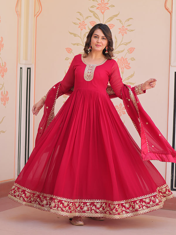 Pink Faux Blooming Georgette Sequins Embroidered Work Gown With Dupatta