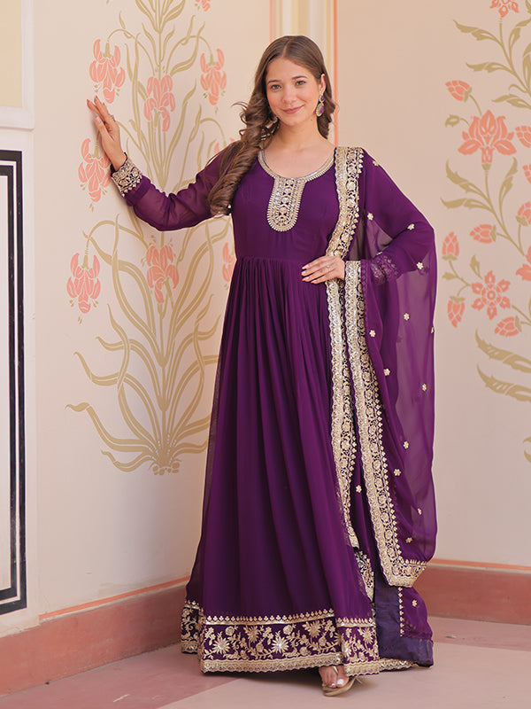 Purple Faux Blooming Georgette Sequins Embroidered Work Gown With Dupatta