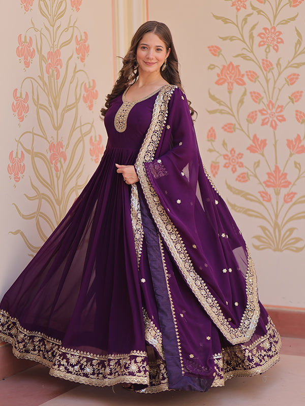 Purple Faux Blooming Georgette Sequins Embroidered Work Gown With Dupatta
