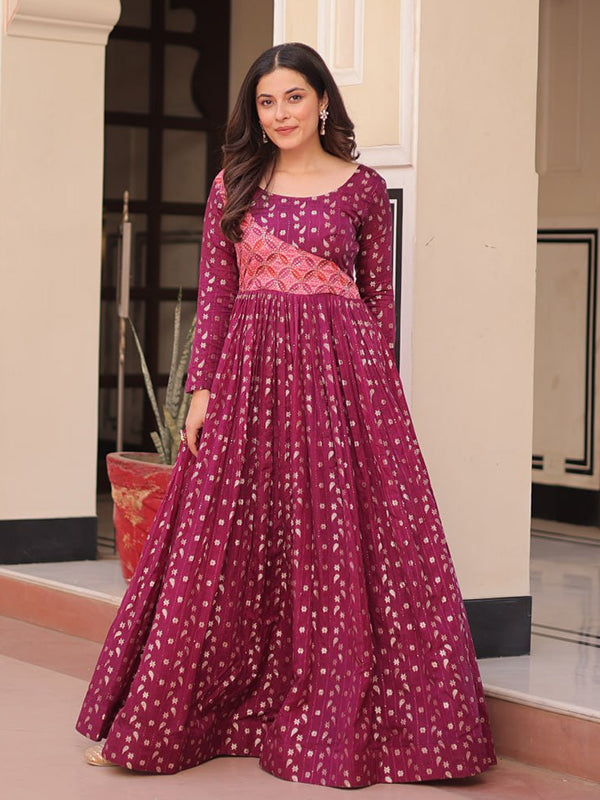 Wine Weaving Position Print Jacquard Gown