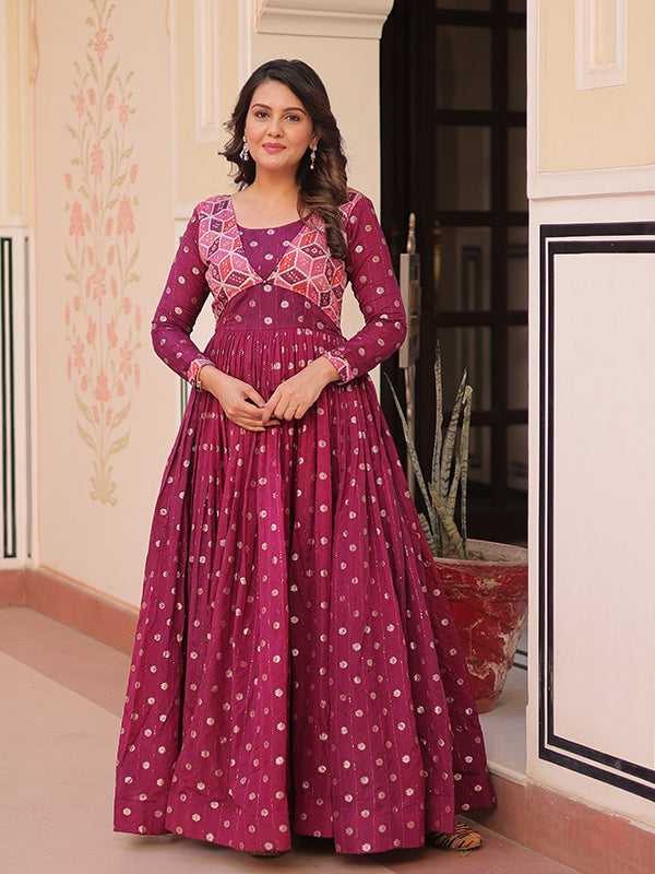 Wine Position Print Jacquard Weaving Gown