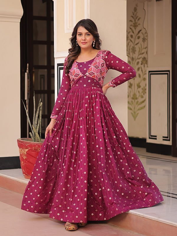 Wine Position Print Jacquard Weaving Gown