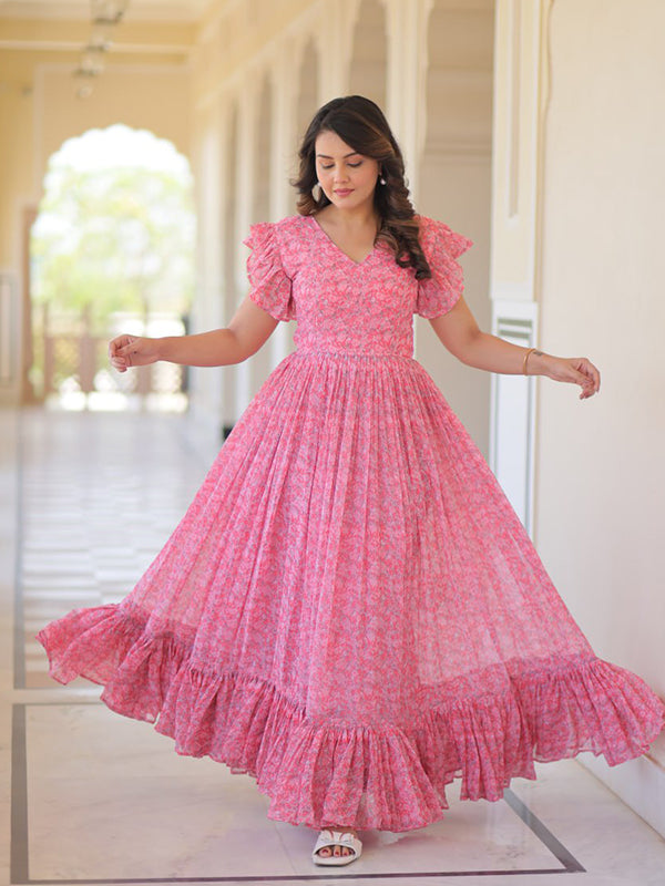 Pink Floral Printed Faux Georgette Gown
