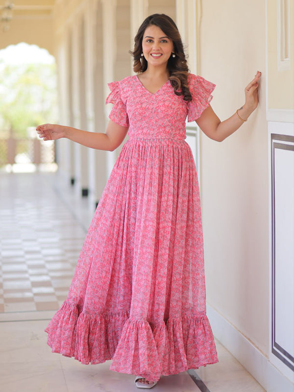 Pink Floral Printed Faux Georgette Gown