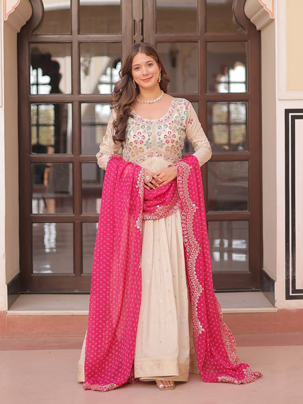 Off White Cosmos Weaving Jacquard Gown With Pink Dupatta