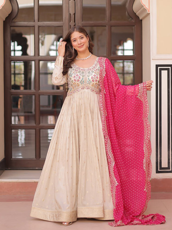 Off White Cosmos Weaving Jacquard Gown With Pink Dupatta