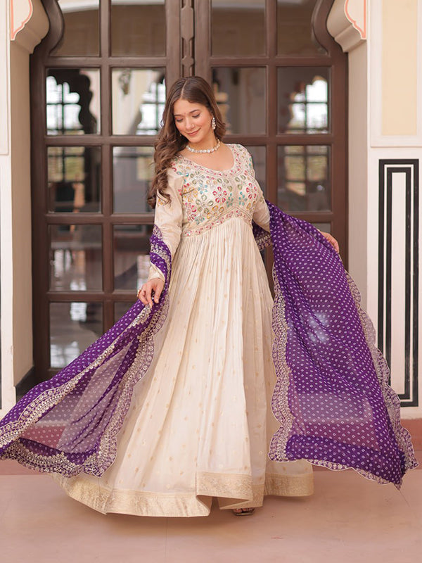 Off White Cosmos Weaving Jacquard Gown With Purple Dupatta
