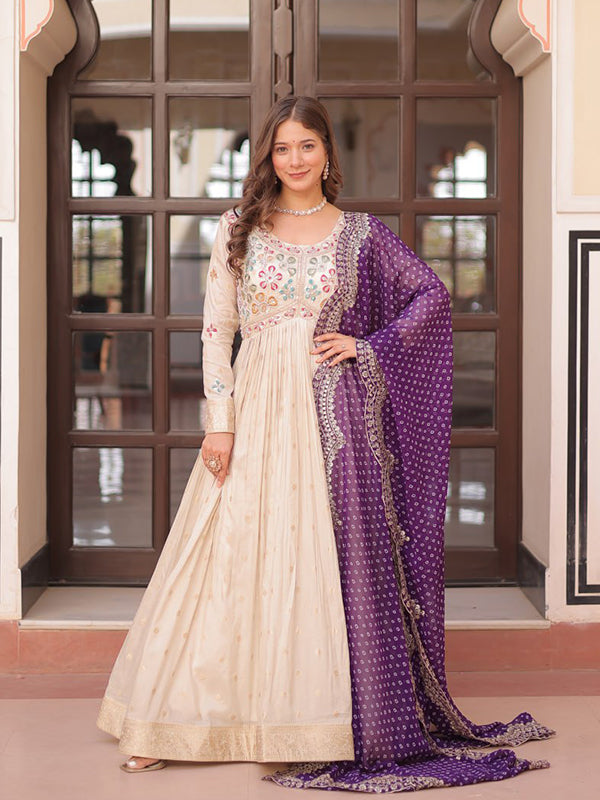 Off White Cosmos Weaving Jacquard Gown With Purple Dupatta