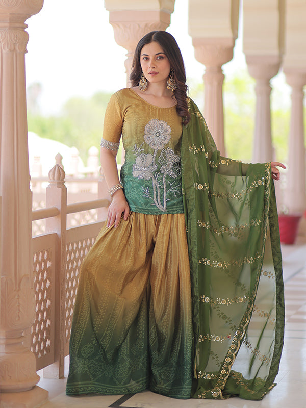 Mustard & Green Rich Beads Embroidered Work Chinnon Print Top With Sharara Dupatta